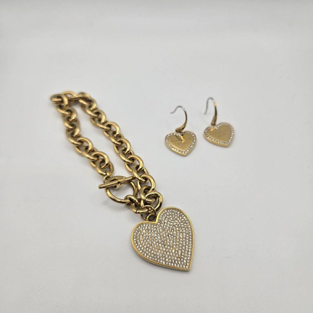 Michael Kors Gold-Tone Heart Charm Bracelet Earrings Rhinestone Accents